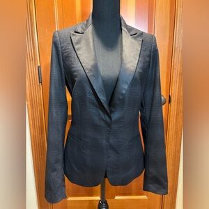 Elie Tahari Black on Black Plaid Blazer with Snap Closure and Satin Lapel.